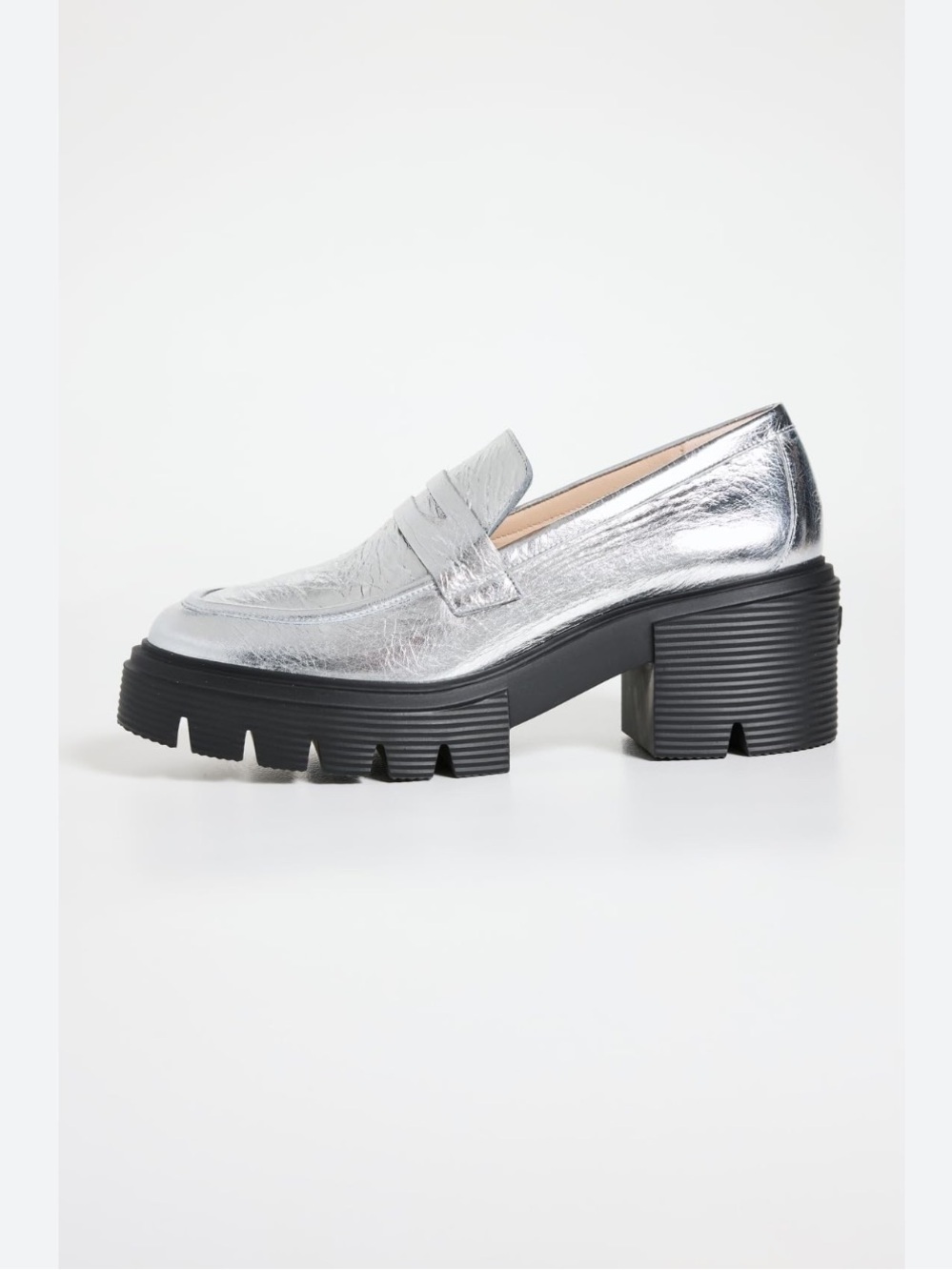 Stuart Weitzman 'Soho' Silver Leather Round Toe Loafers Metallic Chunky-Heel 8